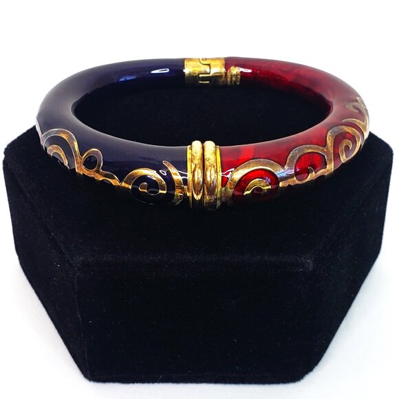 Flli Menegatti Hinged Bangle Candy Apple Red Swirl/Deep Dark Blue Sterling Inlay - Picture 1 of 8